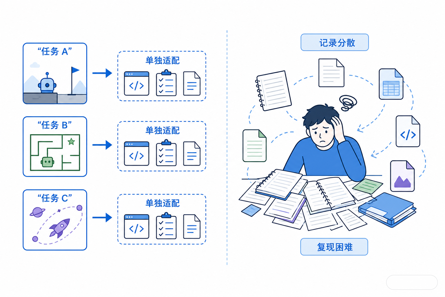 白底对照式信息图，左边是多个任务各自独立接入，右边是研究者为每个任务重复适配和记录。