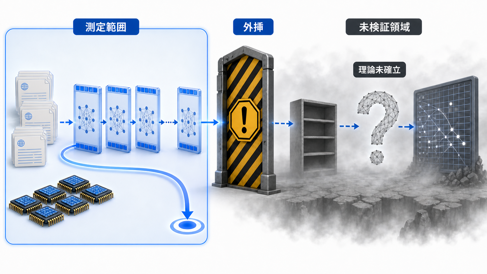 測定範囲から未検証領域へ外挿すると、理論・データ・計算量推定の不確実性が増すことを示す概念図
