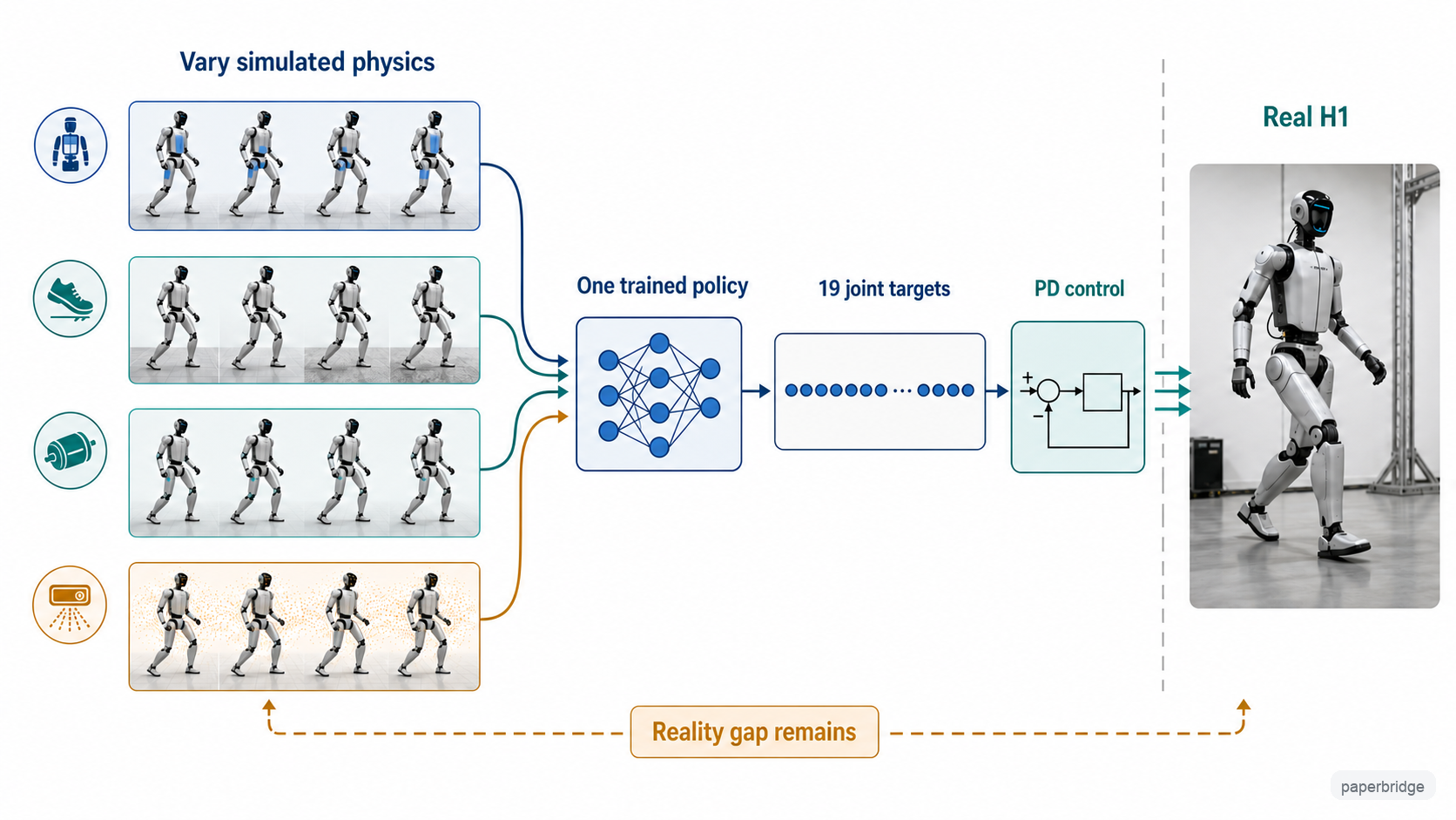 Varied simulated physics feeds one policy, whose joint targets reach the real H1 through PD control.