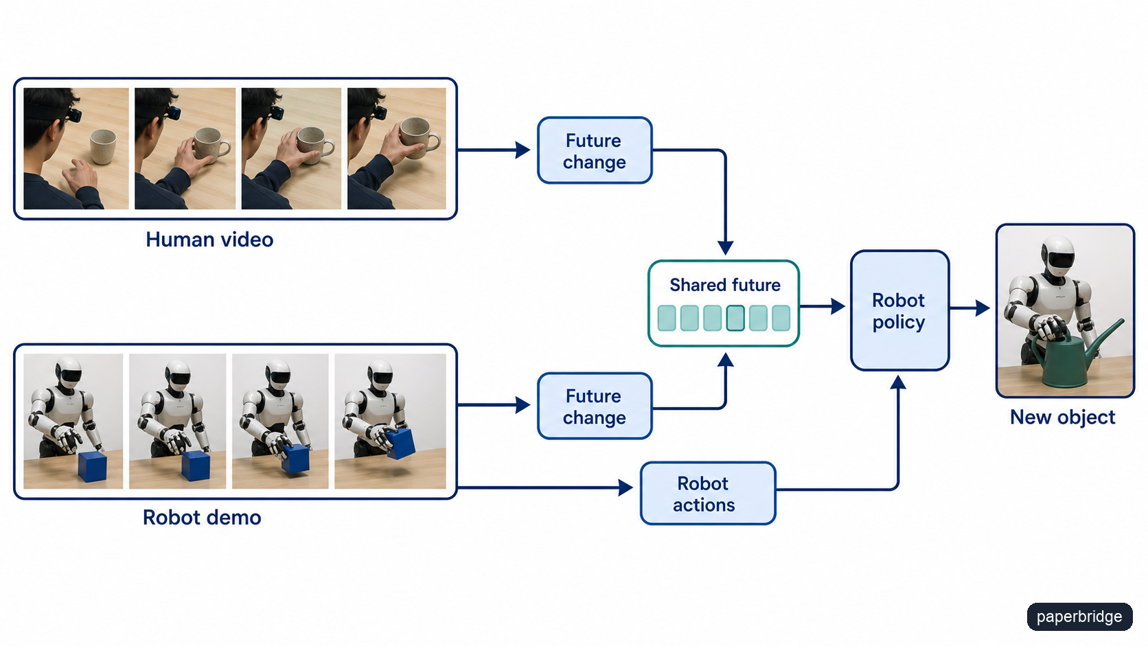 Human video supplies future change while robot demonstrations supply future change and actions