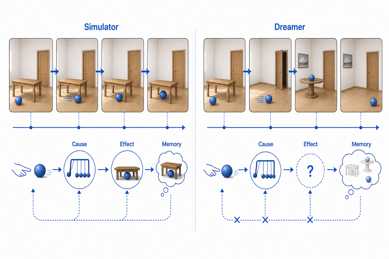 A white-canvas illustration showing two side-by-side video sequences of the same scene: one sequence stays coherent as a ball rolls, a person walks, and a door remains where it was; the other sequence looks visually plausible frame by frame but objects change position inconsistently, the ball disappears, and the door location drifts. Blue arrows indicate cause and effect across time. Short labels only: "Dreamer", "Simulator", "Memory", "Cause", "Effect".