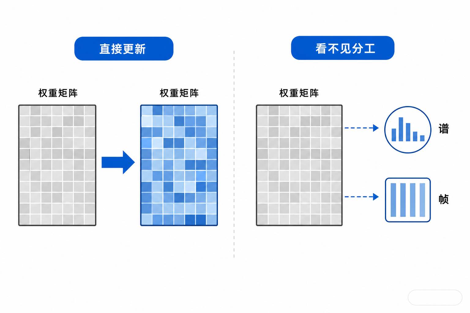 白底示意图，左侧是传统训练直接对整个权重矩阵进行更新，右侧显示结果只能看到整体矩阵变化而看不到谱与帧的分工。
