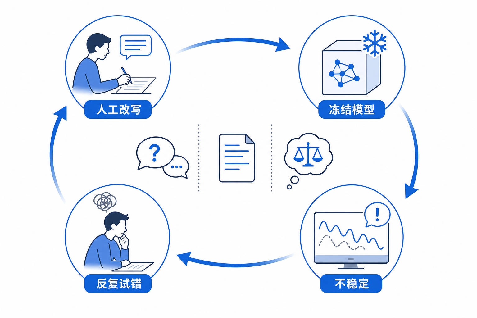 白底流程图：一个人反复修改提示、尝试不同写法、结果仍不稳定；旁边显示同一任务在不同写法下输出差异大，说明传统提示工程依赖试错。